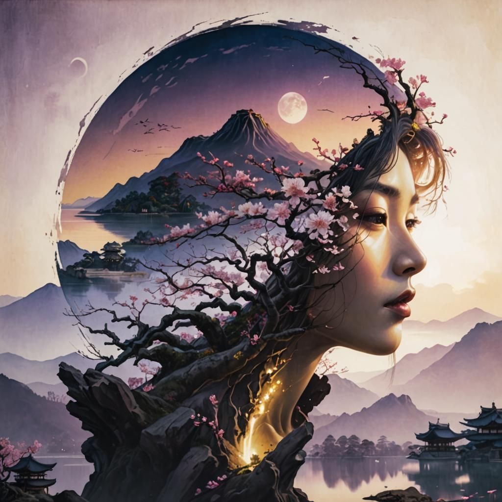 Baroque Sakura Tree Landscape in Golden Light