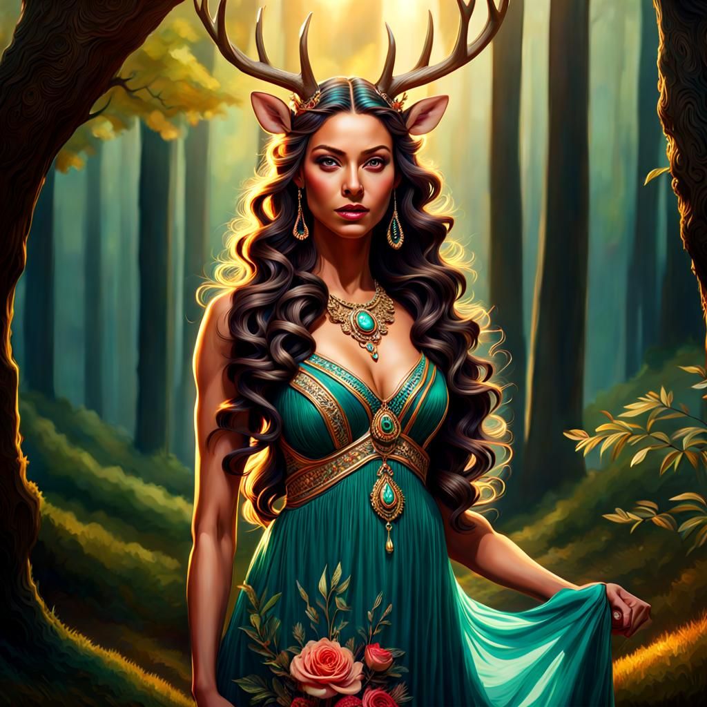 Hyperrealistic Deer Goddess in a Colorful Forest