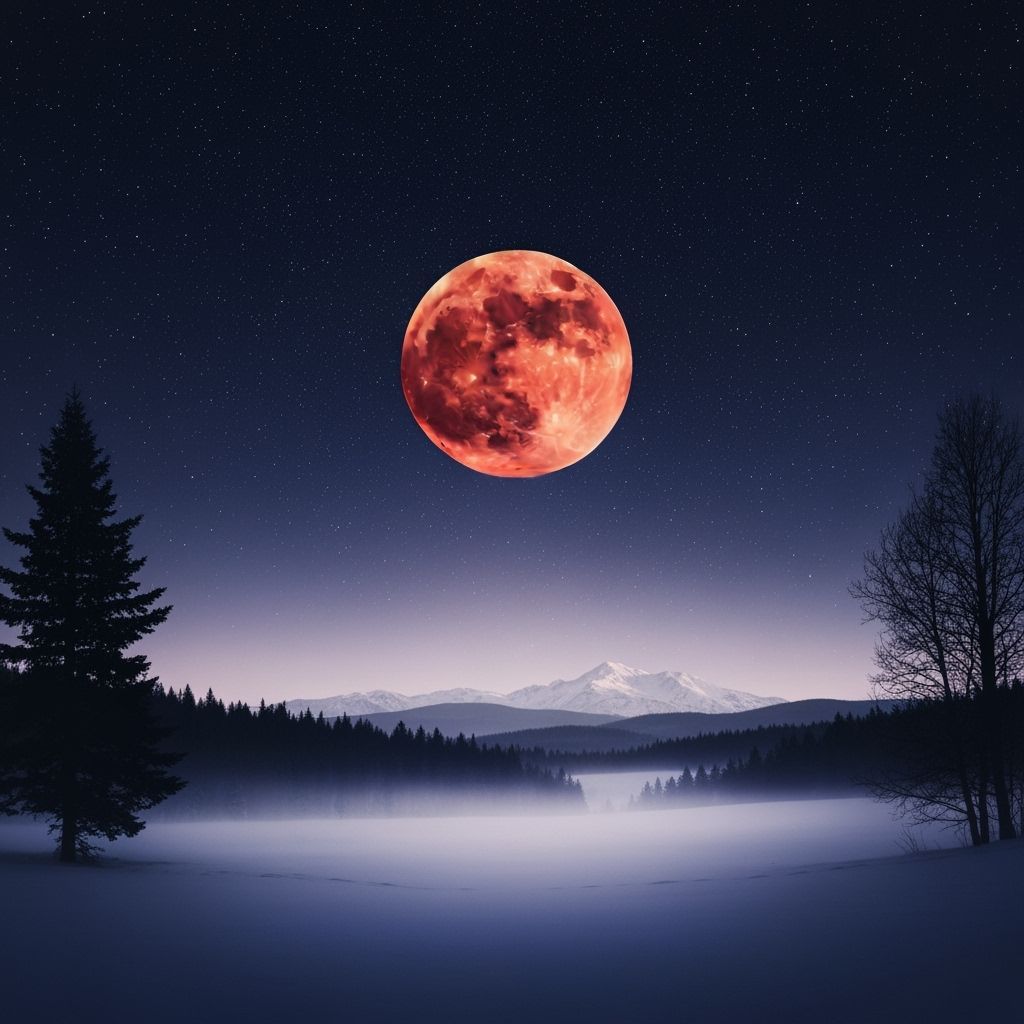 Majestic Red Moon Over Snow-Covered Landscape on Winter Sols...