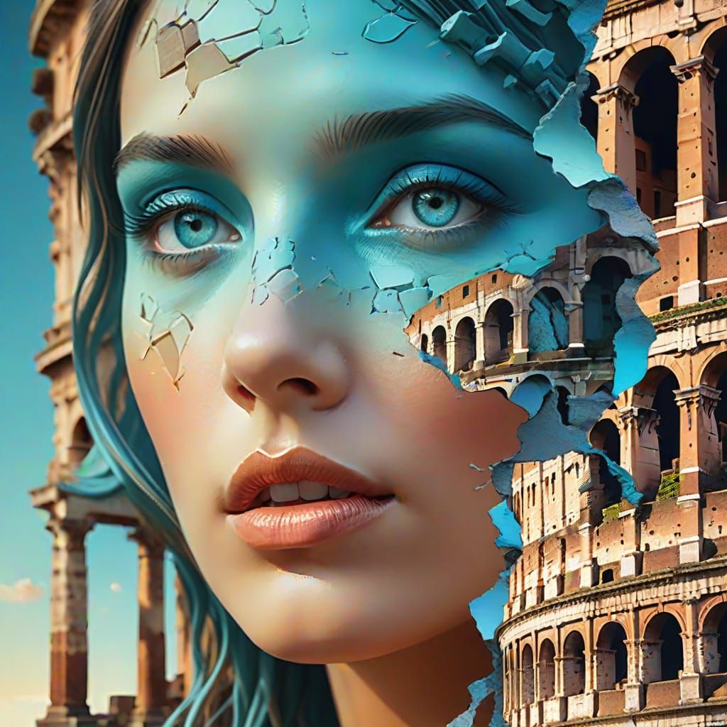 Surreal Portrait of a Woman Blended with Ancient Architectur...