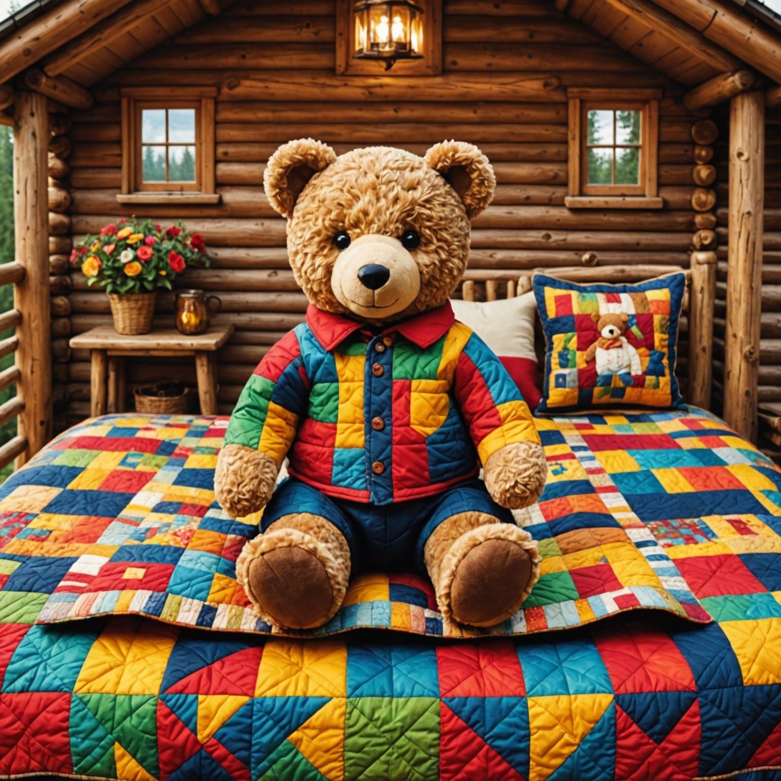 Cozy Log Cabin Scene with Quilts and a Teddy Bear