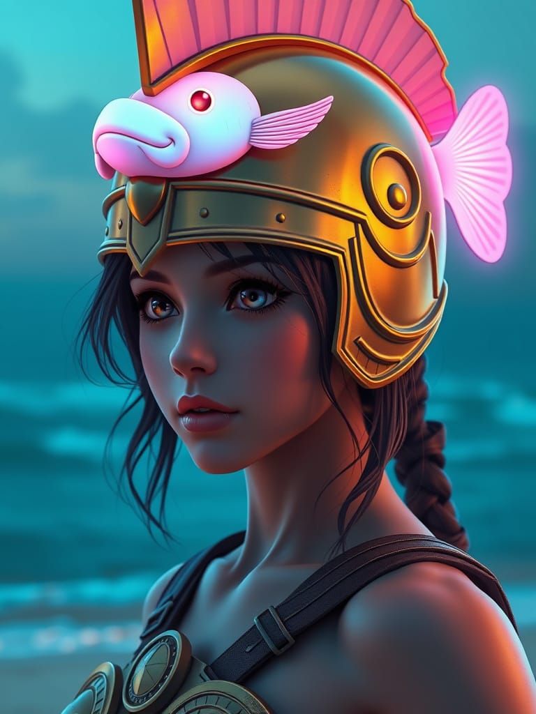 Woman in Gladiator Armor with Bioluminescent Fish Helmet on ...
