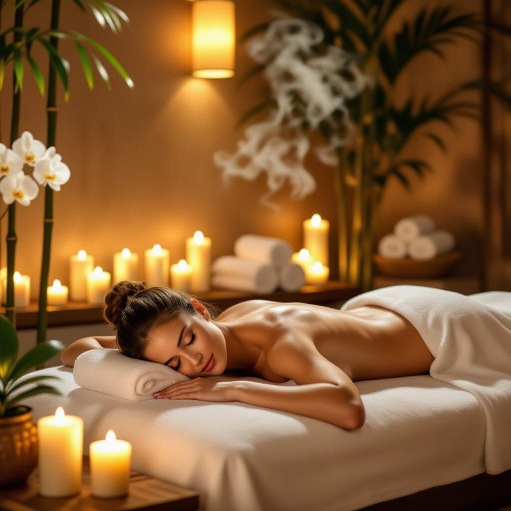 Serene Spa Sanctuary with Golden Candlelight and Bamboo