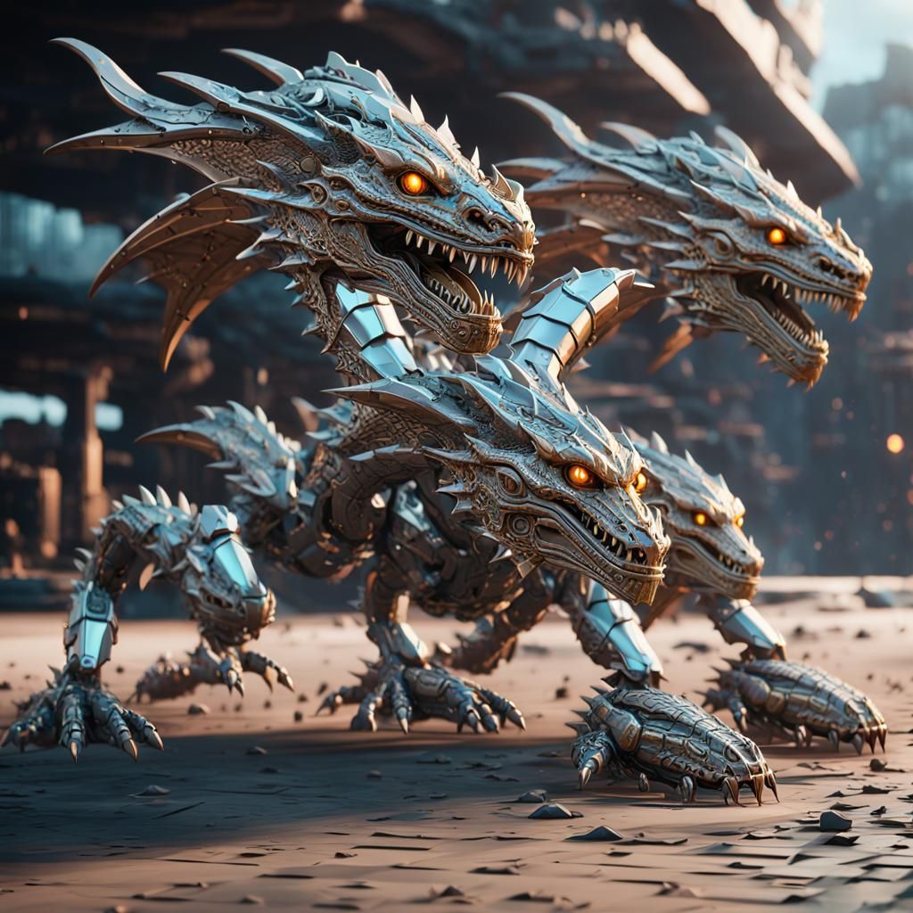 Three-Headed Mech Dragon in Sci-Fi Setting