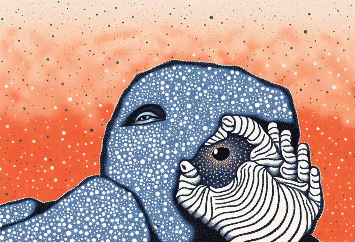 Man Shielding Himself in Pointillist Style