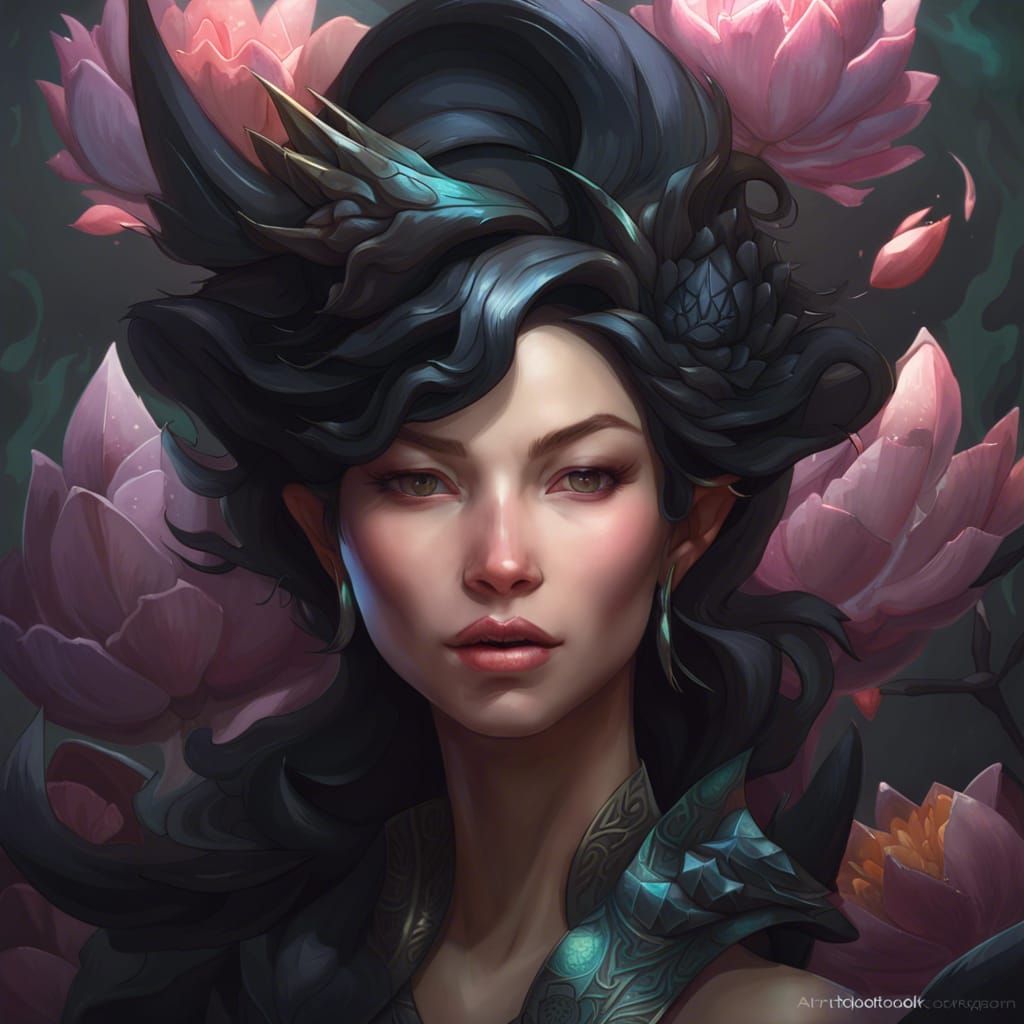 Dragon and Lotus Portrait in Art Nouveau Style