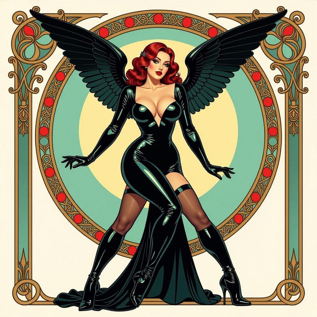 Curvy Angel in Latex: Art Nouveau Wet Wash