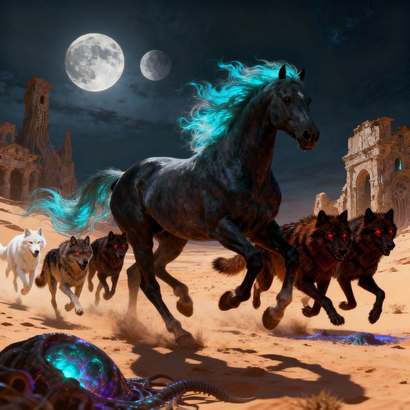 Wolves and Stallion Running Together in Dynamic Motion