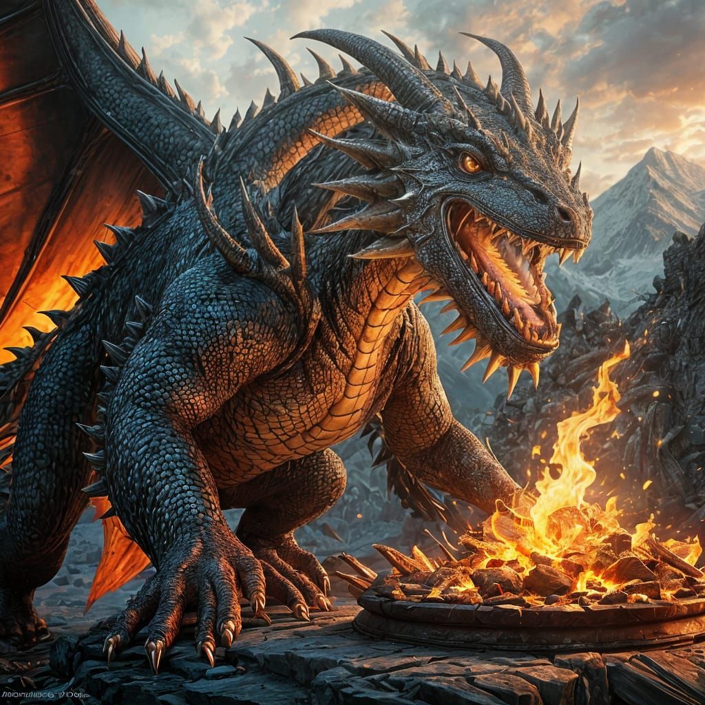 Fiery Female Dragon with Powerful Claws and Hidden Treasure