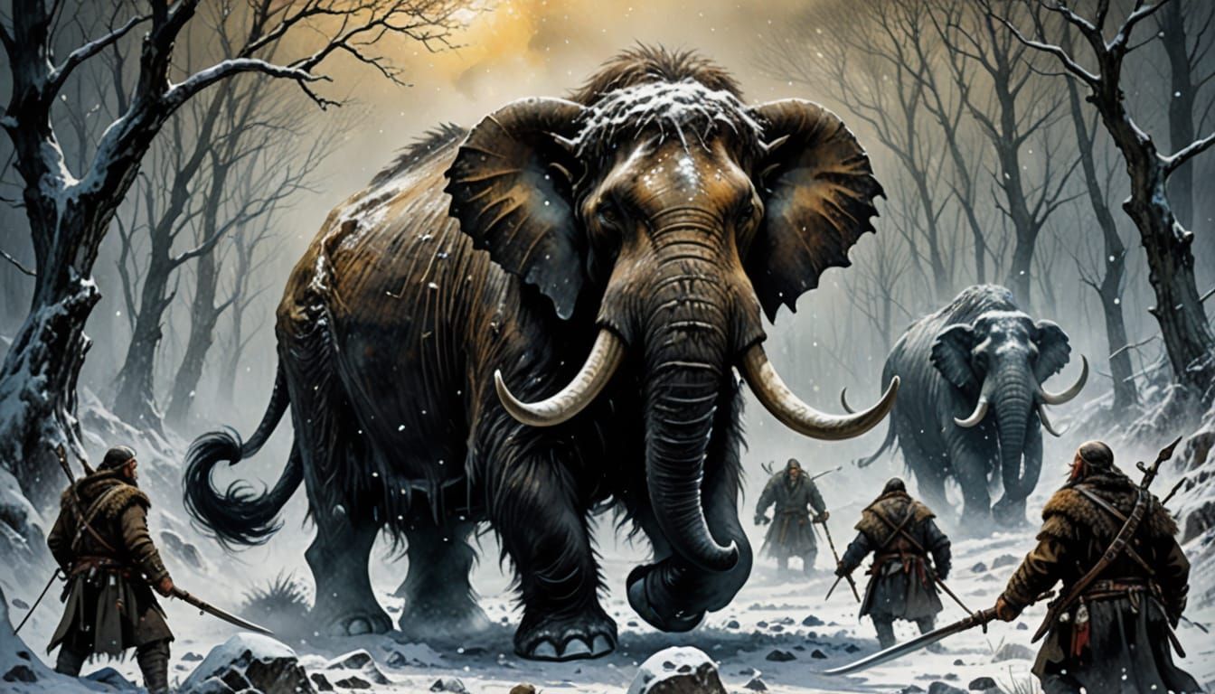 Neolithic Hunters Attack Mastodon: Watercolor Ink Art