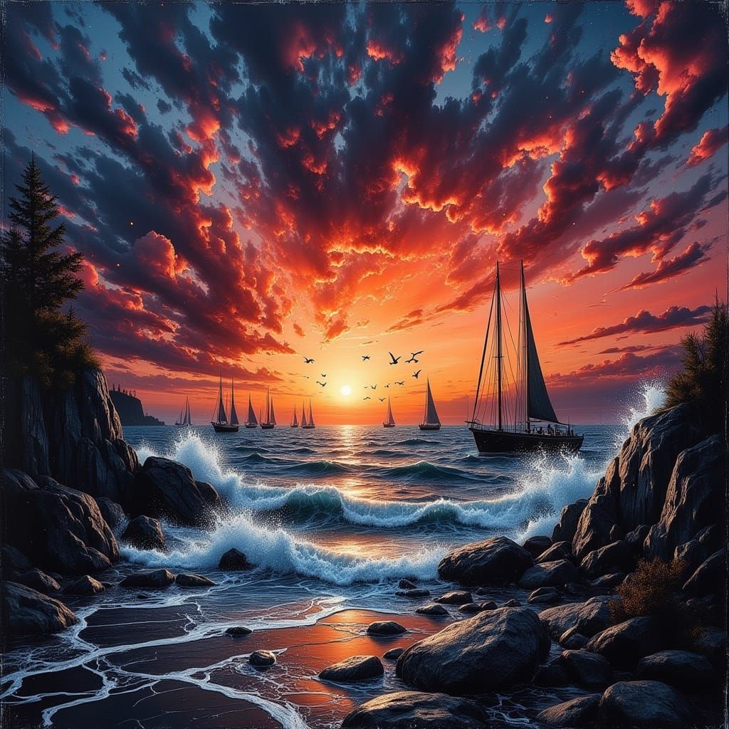 Sailboats on Bay at Sunset with Ominous Clouds