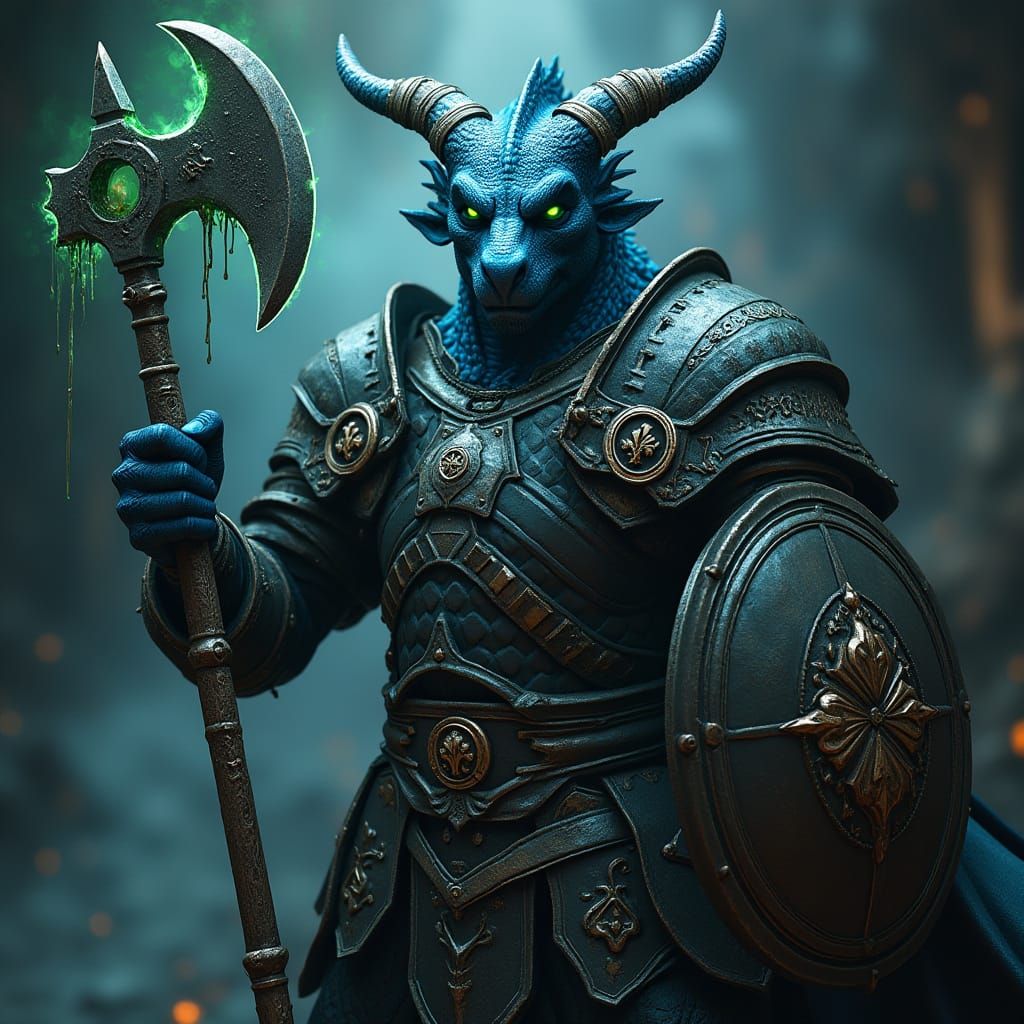 Menacing Blue Dragonborn Warrior in Ornate Plate Armour