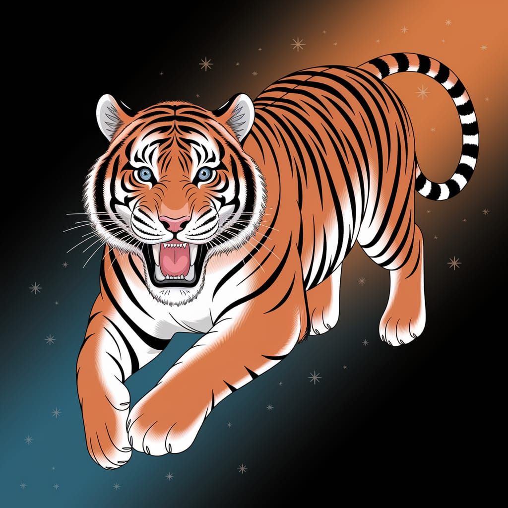 Powerful Tiger Tattoo in Mid-Air Stance with Vibrant Colors ...