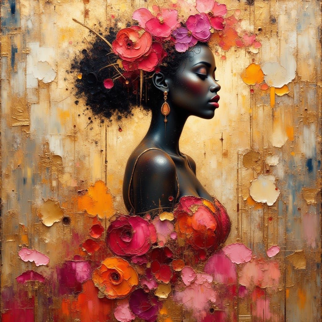 African Princess Silhouette in Vibrant Encaustic Impasto Sty...