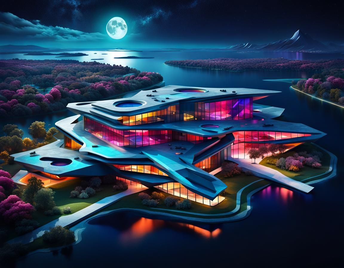 Futuristic Building by Lake Under Galaxy Moon
