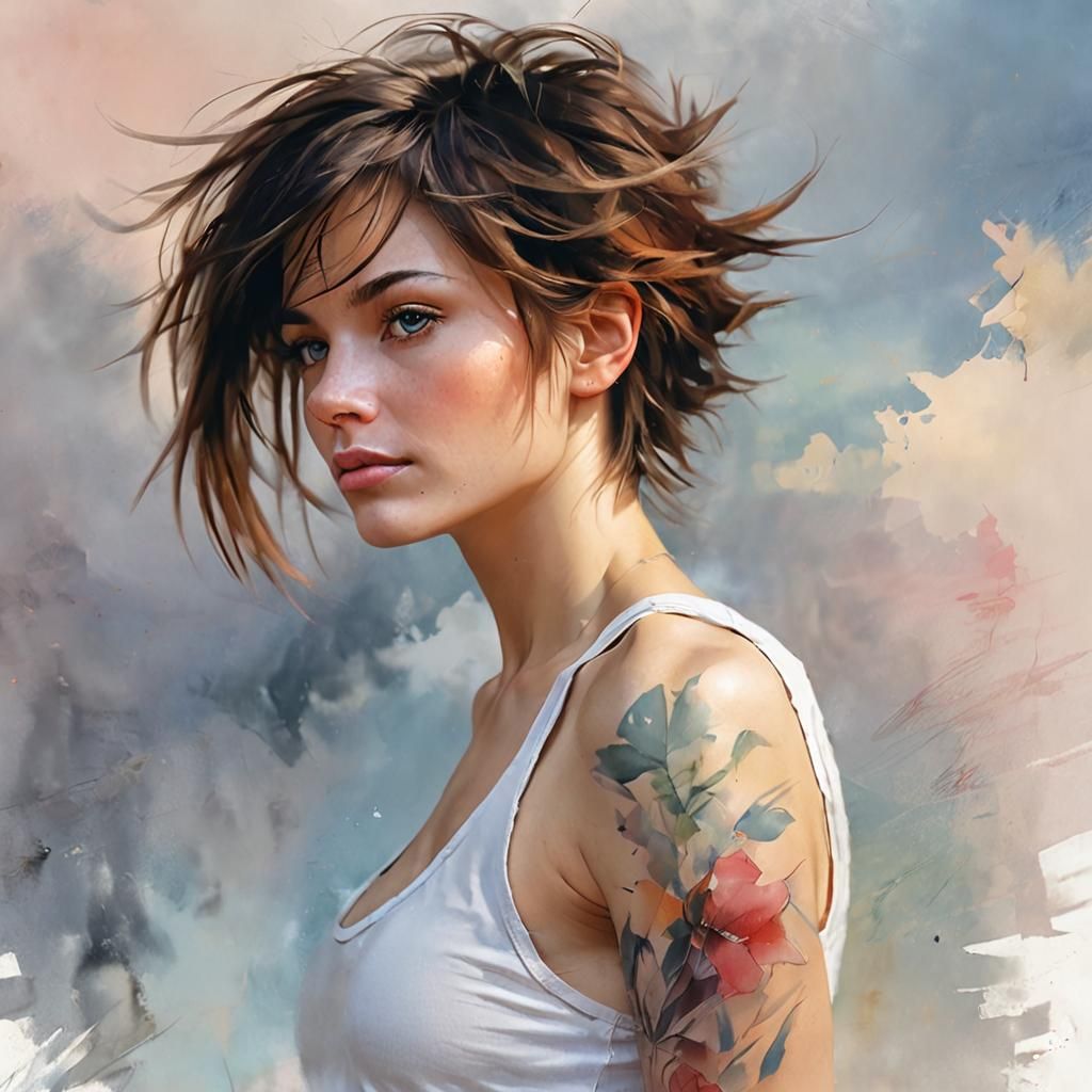 Portrait of Brunette Woman with Tattoo Sleeve