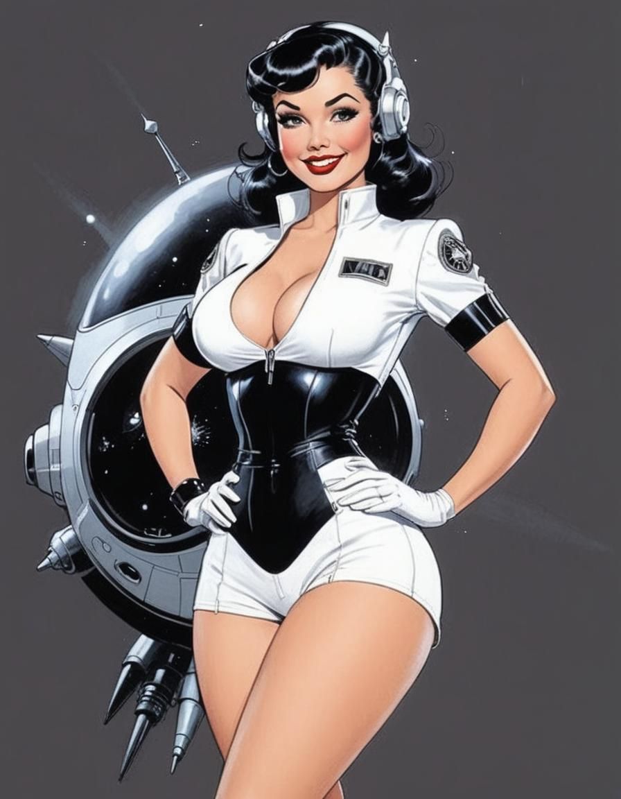 Retro Sci-Fi Pinup Line Art in Ink