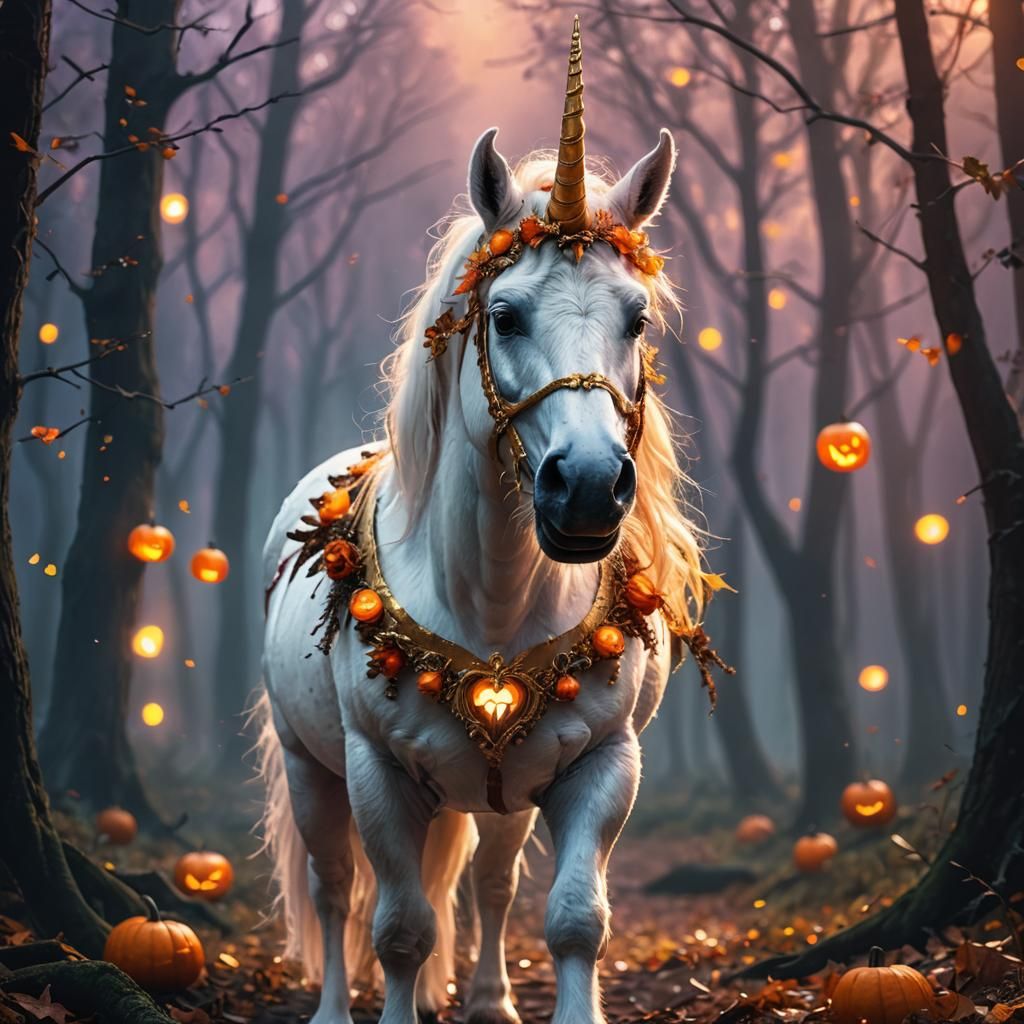 Halloween Unicorn in Spooky Forest: Hyper-Realistic Digital ...