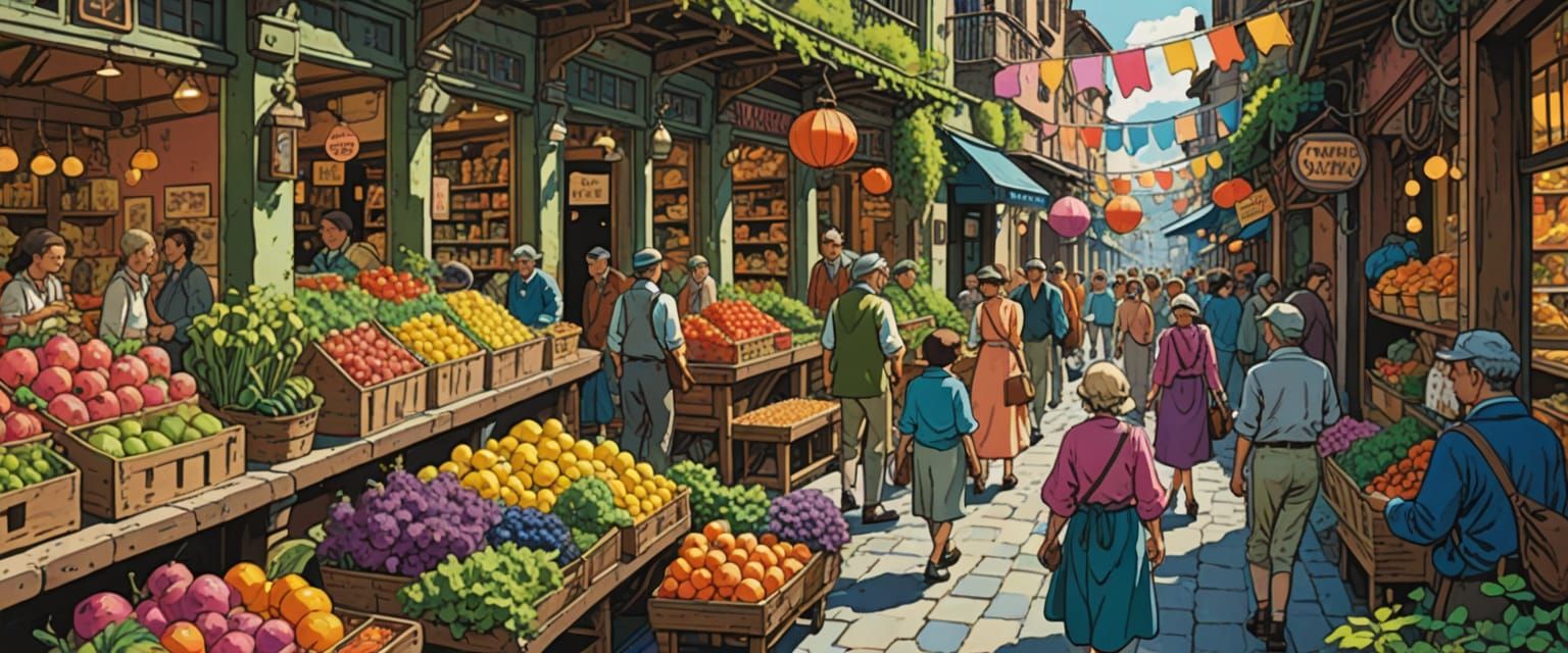 Vibrant Market Scene in Comic Book Watercolor Style