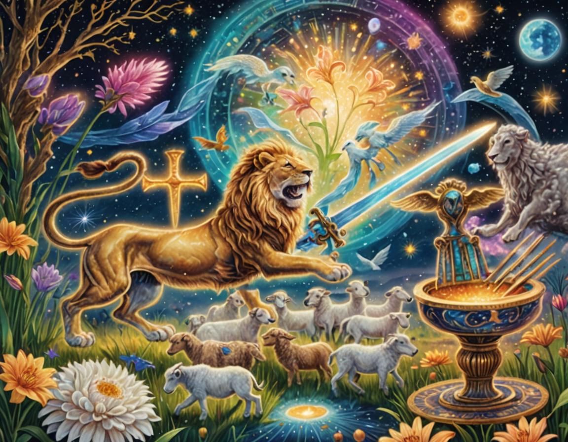 Cosmic Lion Herding Sheep in Astral Landscape