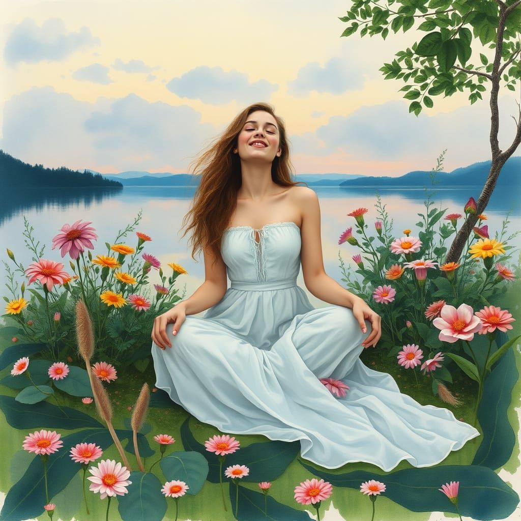 Ethereal Woman in a Dreamy Watercolor Landscape