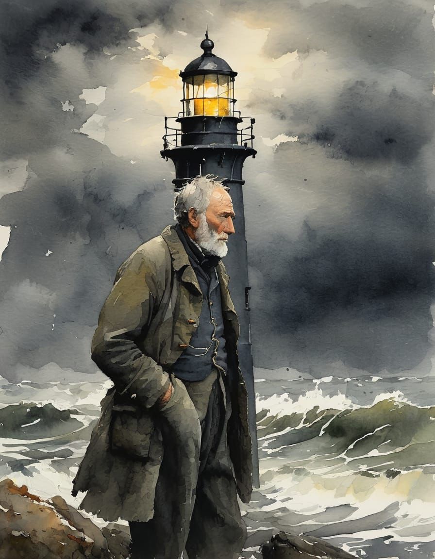 Lighthouse Keeper in Stormy Sea: Watercolor Impression