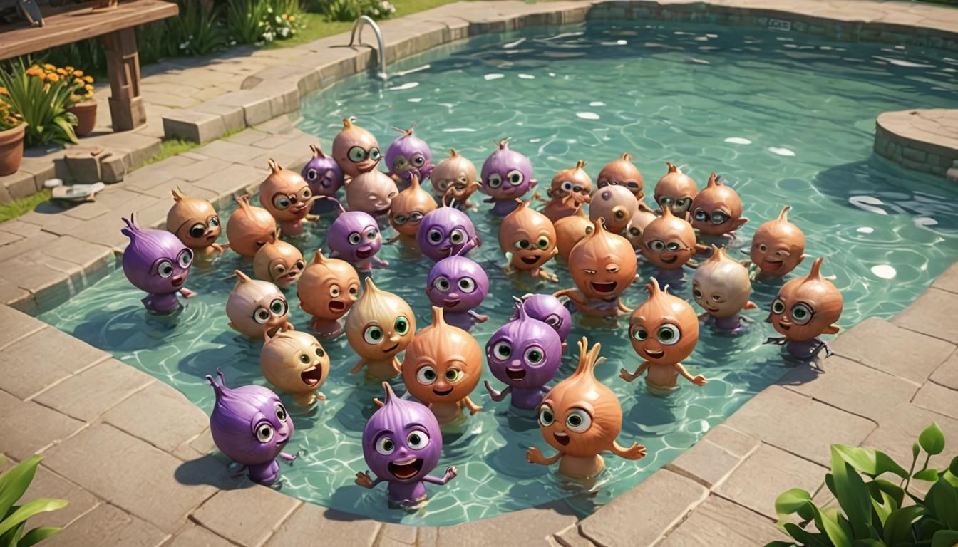 Chibi Onions Pool Party in 3D Animation Style