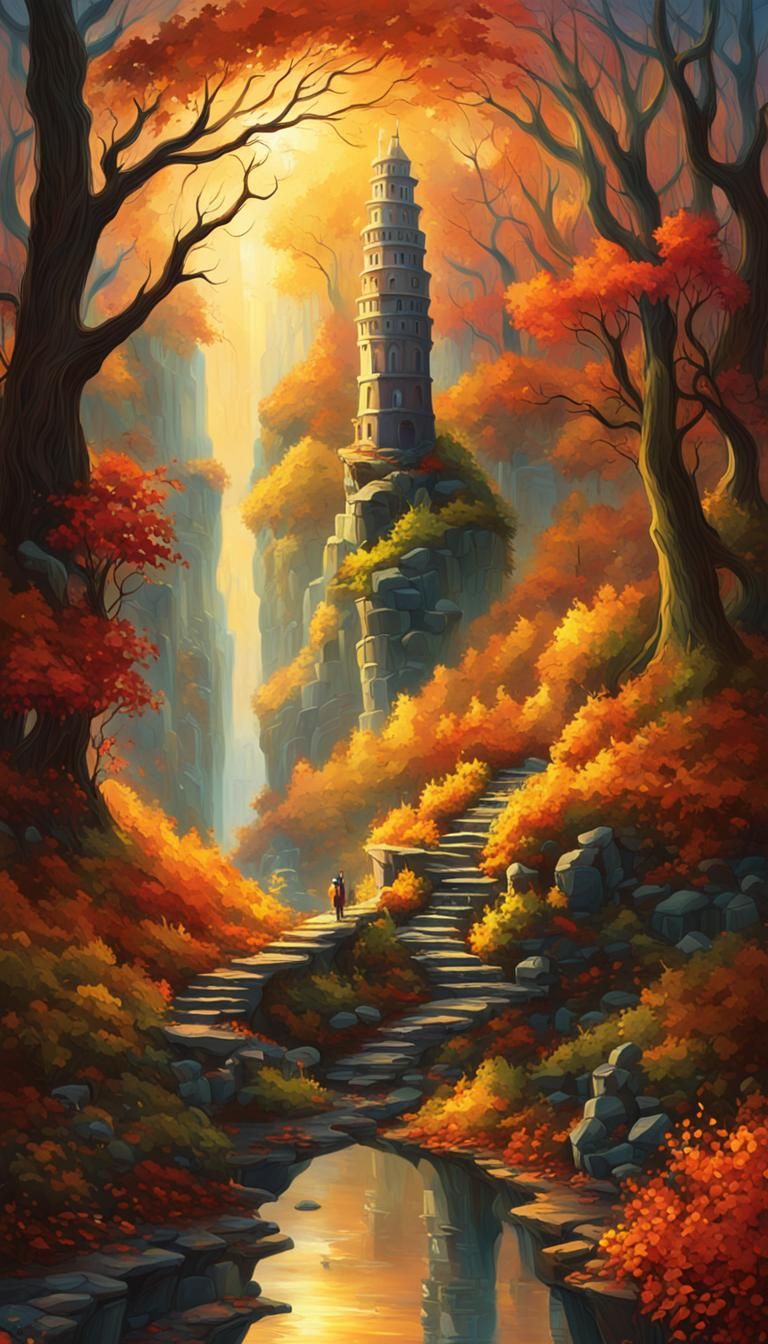 Celestial Tower of Babel: Autumnal Oil Painting