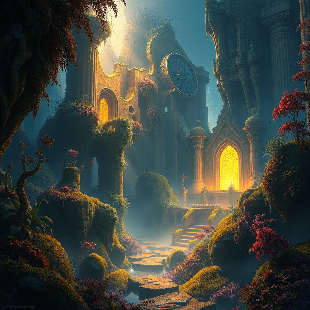 Mystical Realm with Ancient Ruins in Golden Light