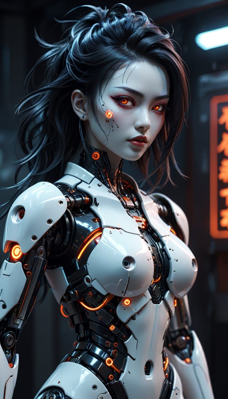 Frightening Japanese Gynoid Robot in Cyberpunk Neon