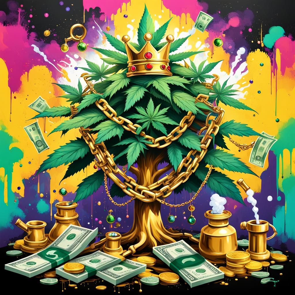 Marijuana Tree with Golden Crown in Graffiti Art