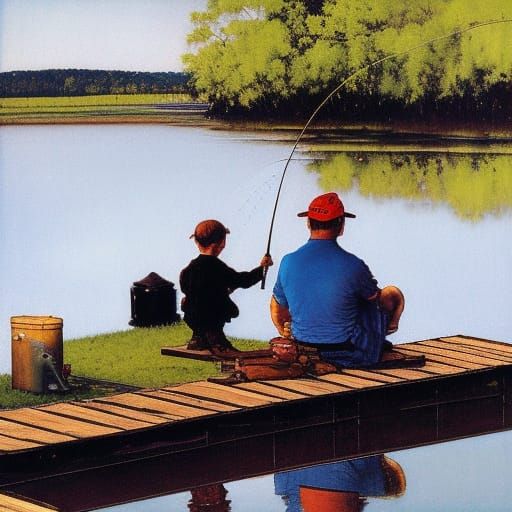 Father and Son Fishing in Rockwell Style