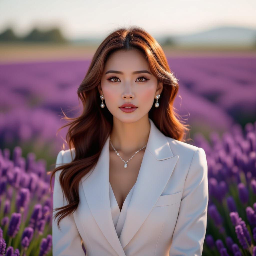 Contemplative Woman in Lavender Field: Hyperrealistic Portra...