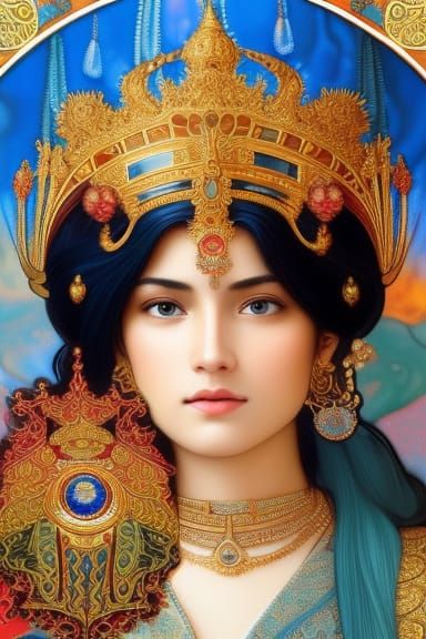 Ornate Coral Reef King Portrait in Art Nouveau Style