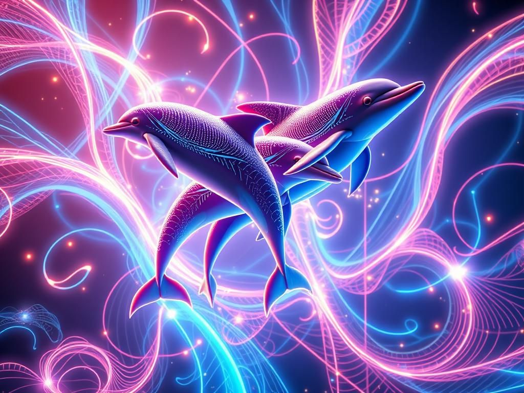 Dolphins Leap Through Neon Fractal Geometry