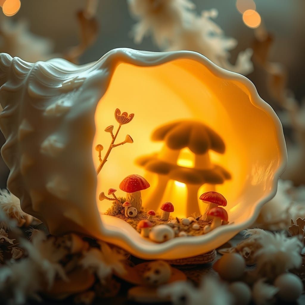 Miniature Mushroom World Inside Conch Shell: Ghibli-esque Ar...