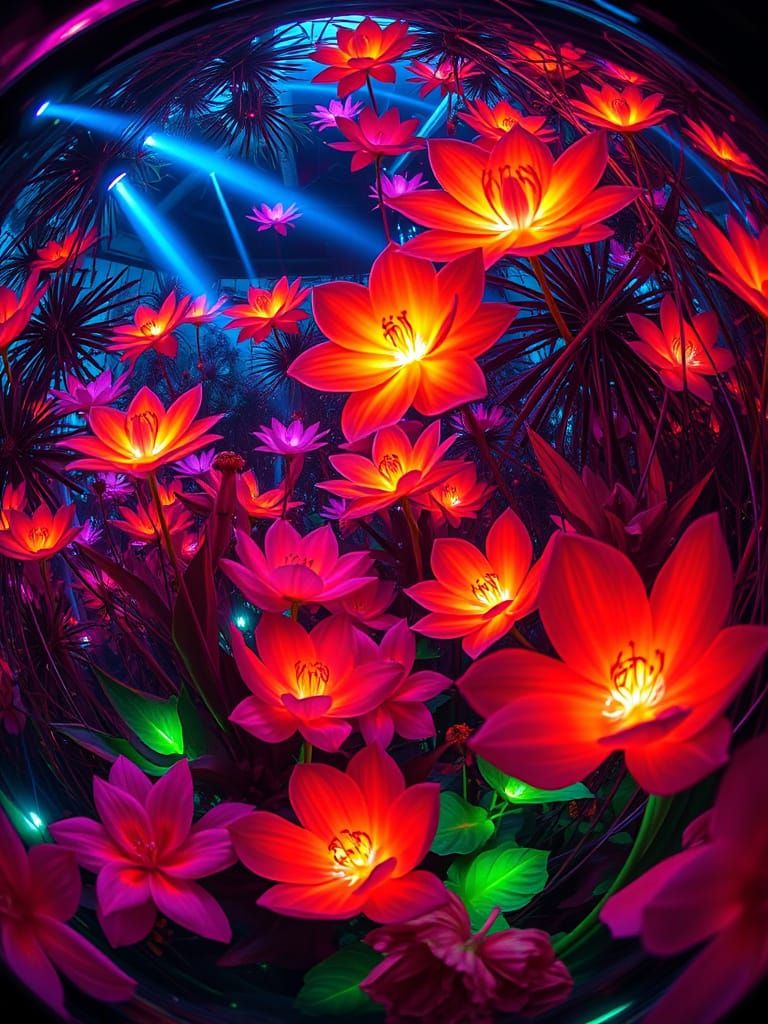 Exotic Bioluminescent Flower Garden in Neon Style