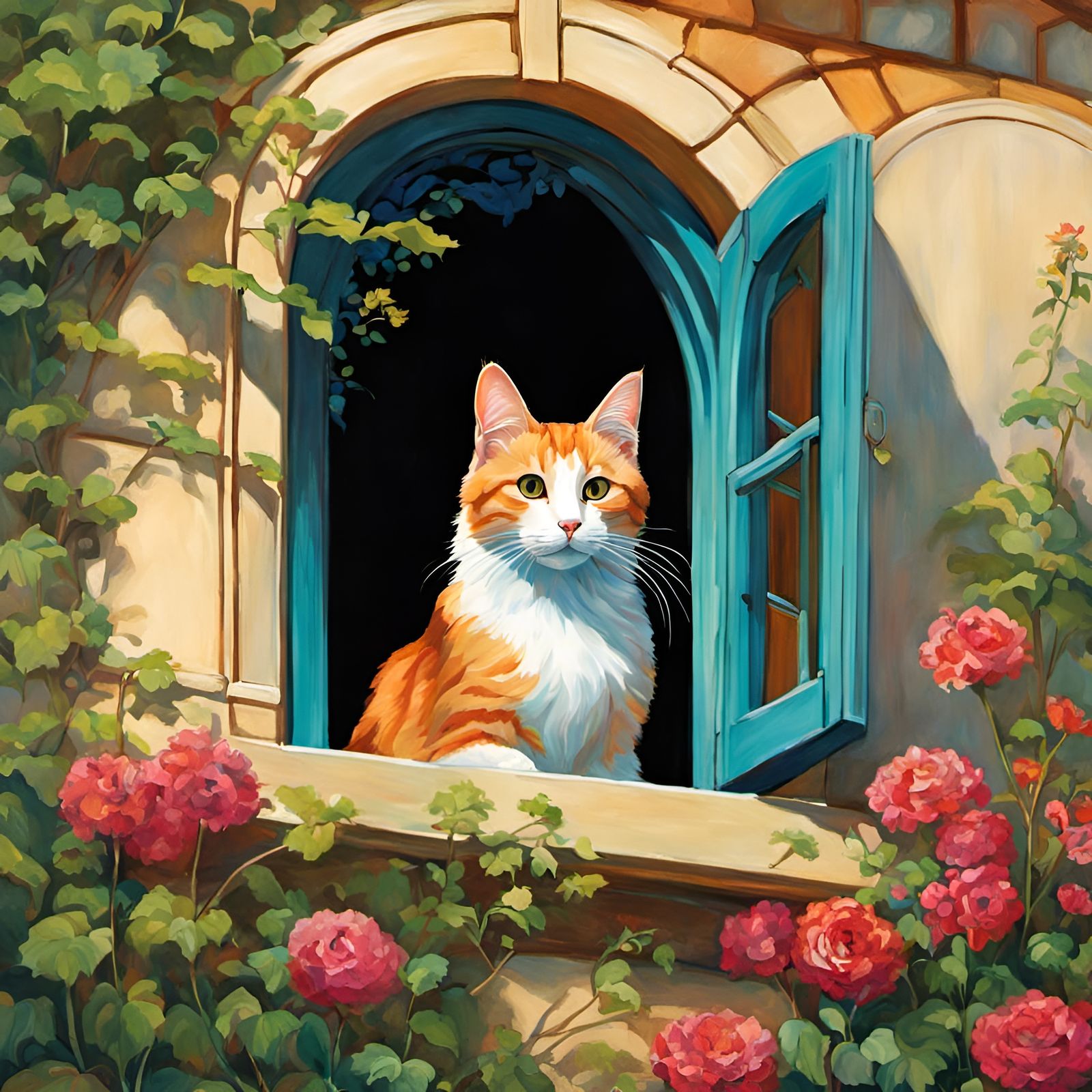 Cat in Window: Art Nouveau Storybook Illustration
