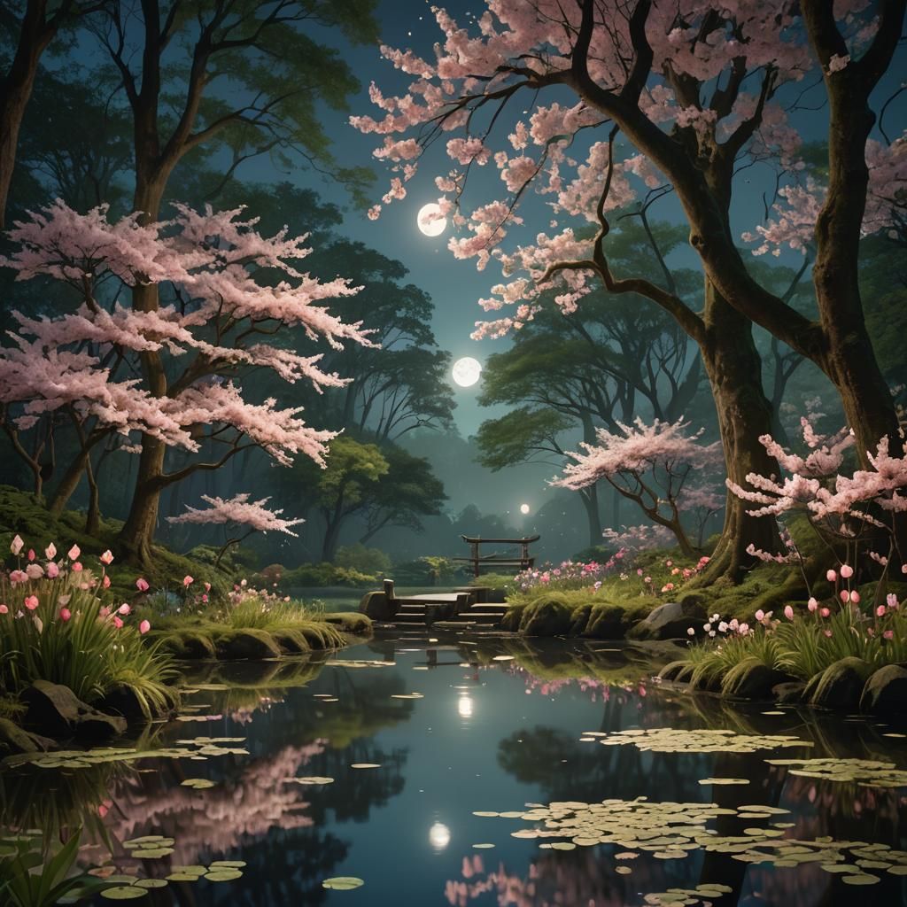 Mystical Forest Night Scene with Tranquil Pond