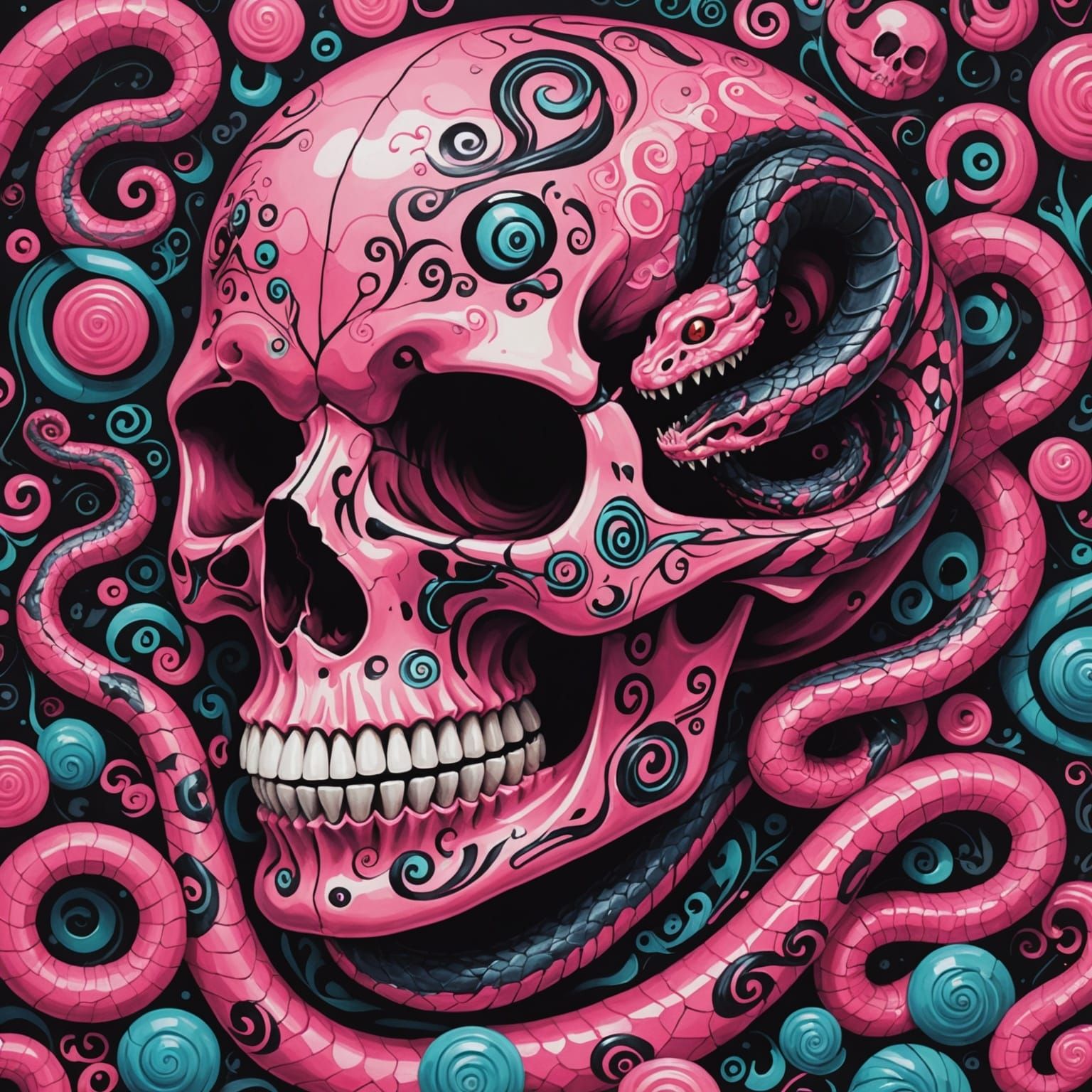 Vibrant Snake Emerges from Skull in Gouache Swirls