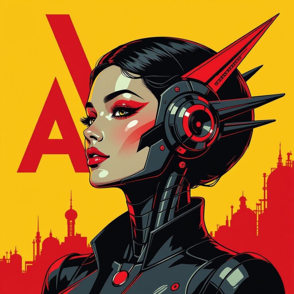 Futuristic Logo with Alpha, Omega and Mouth, in Dark Style