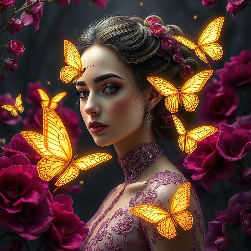 Photorealistic Woman with Fractal Artistry and Burgundy Flow...