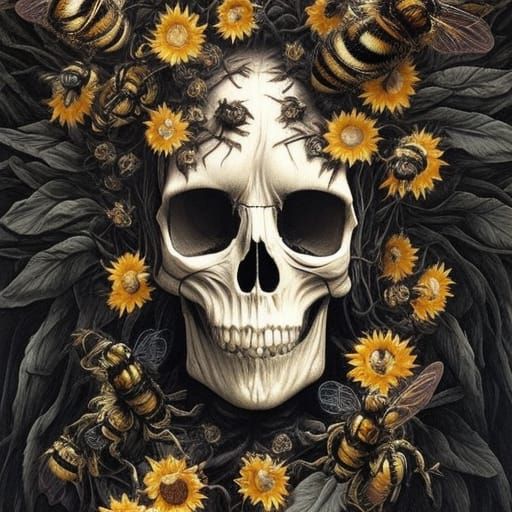 Tree Skull with Sunflower Roses and Bees
