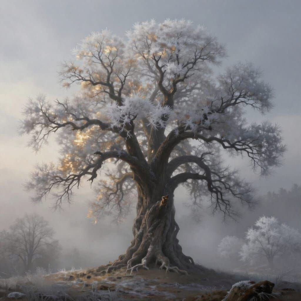 Ancient Frosty Tree Shimmers in Golden Mist on Hilltop