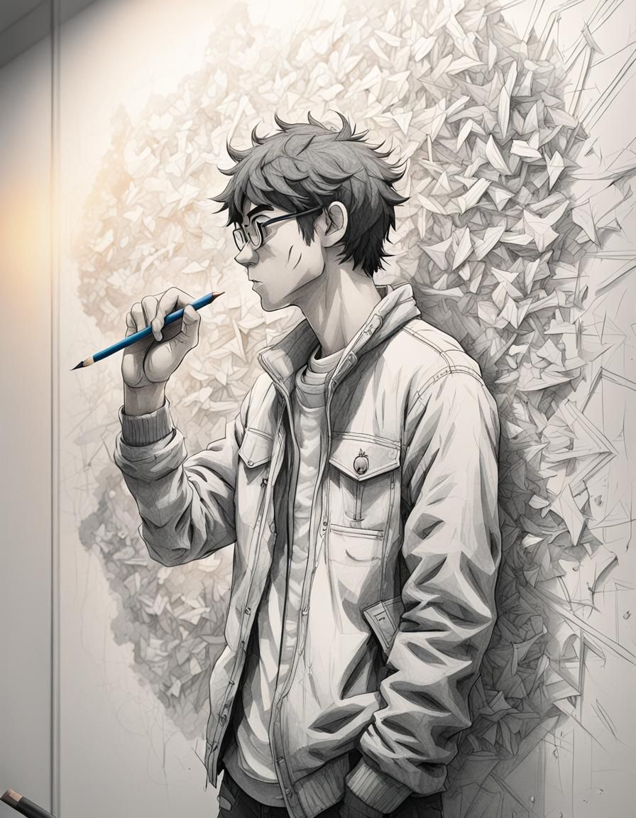 Humorous Anime-Inspired Concept Art of Man Drawing