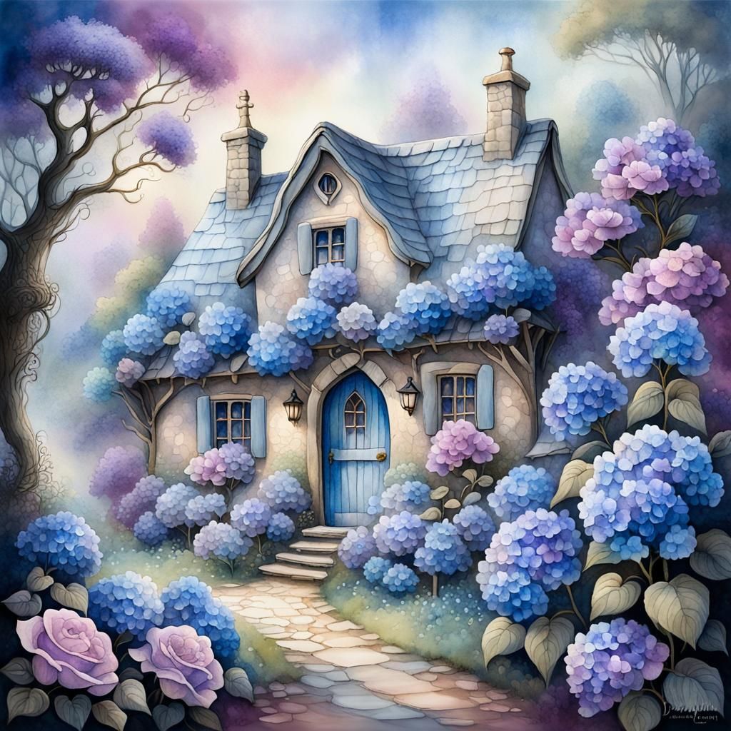 English Cottage Surrounded by Flowers in Impressionistic Sty...