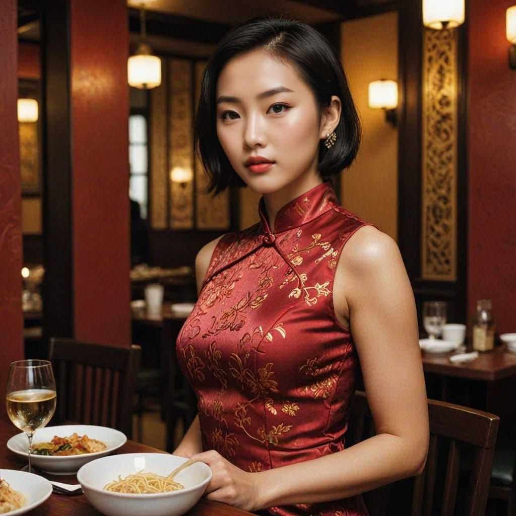 Stunning Young Woman Enjoying Lunch in a Cozy Chinese Restau...