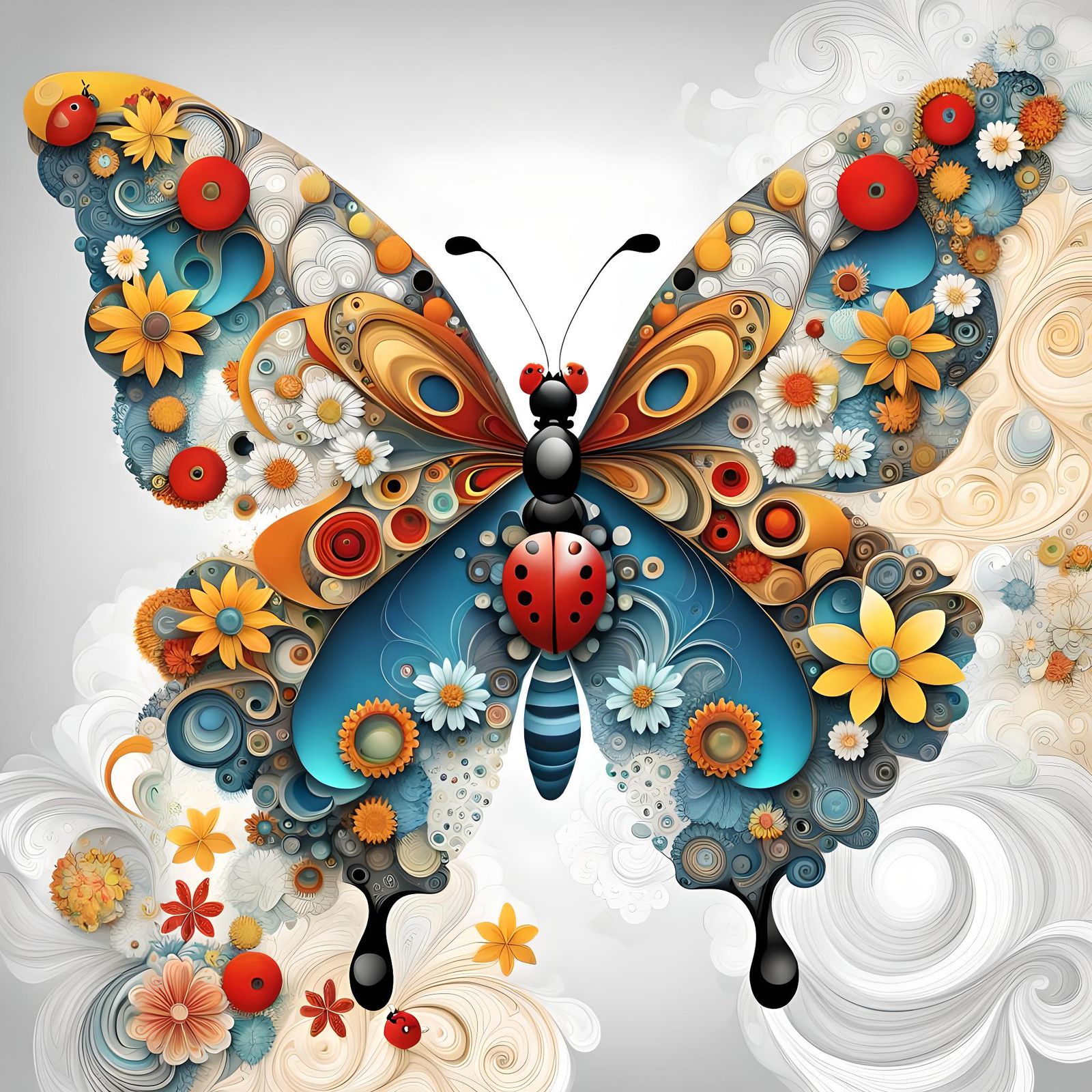 Butterfly, Ladybug and Flowers in Mixed Media