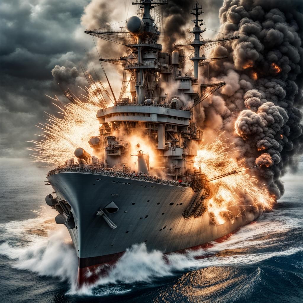 World War II Sea Battle Explosion in Panorama