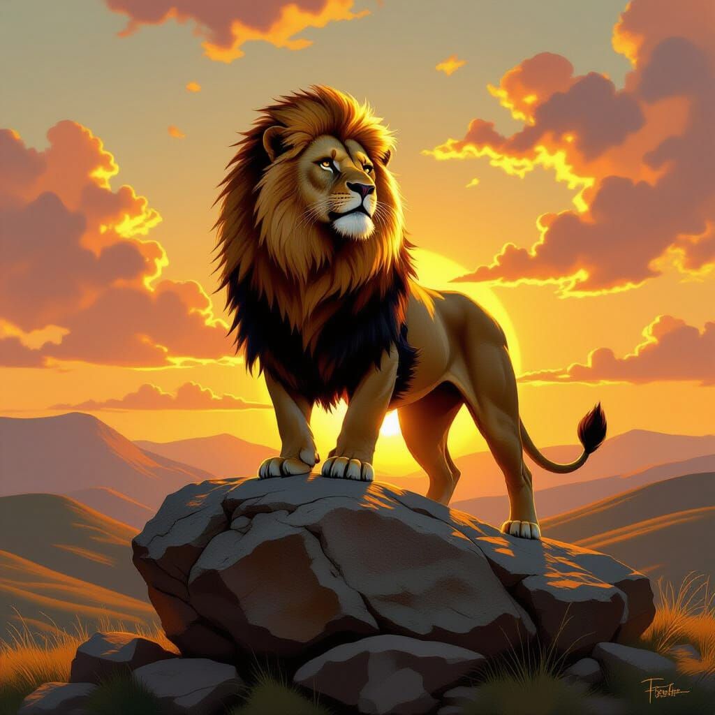 Golden Lion Stands Proud on Rock in Dramatic Fantasy Style